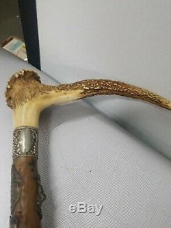 Antique German Stag Antler Handle Carved Hickory Cane Walking Stick with28 badges