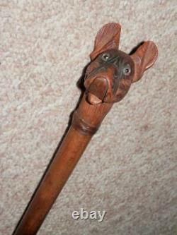 Antique Glove Holder Hand-Carved French Bulldog-Walking Stick/Cane Silver 1927