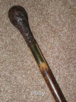 Antique Gold Plated Walking Cane With Intricate Hand Carved Floral Pommel Handle