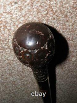 Antique Gold Plated Walking Cane With Intricate Hand Carved Floral Pommel Handle