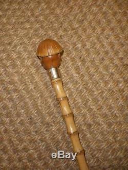 Antique Gold Wangy Bamboo Dress Cane With Chinese Carved Coquilla Nut Top. Howell