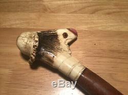 Antique Grotesque Art Carved Antler Head Face Unusual Walking Stick Cane Mr Bwcl