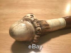 Antique Grotesque Art Carved Antler Head Face Unusual Walking Stick Cane Mr Bwcl