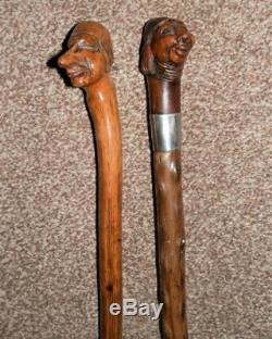 Antique Grotesque Pair'Mr & Mrs Snouty' Hand Carved Walking Stick/Cane 87 cm