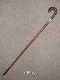 Antique Guinness Advertising Walking Stick Hand-Carved Parrot & Silver H/m 1920