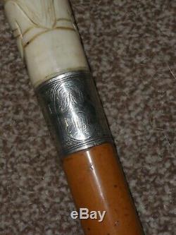 Antique H/M Silver 1895 Gadget Cane (DICE SHAKER)- Hand Carved Jockey Top 84cm