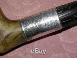 Antique Hallmark Silver 1902 Irish Bog Oak Hand Carved Clover Walking Cane/stick