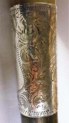 Antique Hallmarked 1890's Silver Carved Crook Ebony Walking Stick 90cm