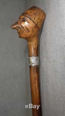 Antique Hallmarked 1907 Silver Swagger Stick- Wooden Carved Head/Face Top