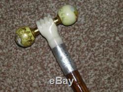 Antique Hallmarked 1913 Silver Dress Cane With Carved Fist & French Porcelain Top