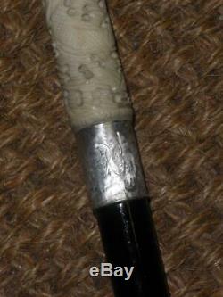 Antique Hallmarked 1917 Silver Ebonised Walking Cane With Hand Carved Detailed Top
