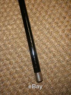 Antique Hallmarked 1917 Silver Ebonised Walking Cane With Hand Carved Detailed Top