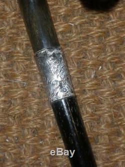 Antique Hallmarked 1919 Silver Ebonised Walking Stick With Carved Crook Handle