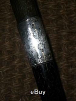 Antique Hallmarked 1919 Silver Ebonised Walking Stick With Carved Crook Handle