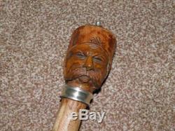 Antique Hallmarked 1924 Silver Walking Stick With Carved Man's Face/Head Top