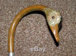 Antique Hallmarked 1928 Silver Wooden Carved Duck Head Dress Cane WithGlass Eyes