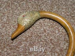 Antique Hallmarked 1928 Silver Wooden Carved Duck Head Dress Cane WithGlass Eyes