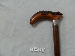 Antique Hallmarked Hand-Carved Crocodile Handle And Silver Collar Walking Stick