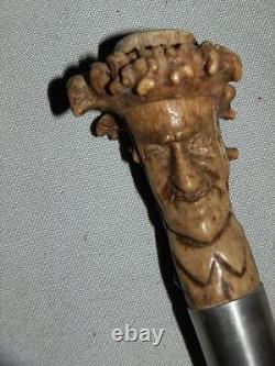 Antique Hallmarked Silver 1903 FATHER TIMES Wood Spirit Carved Folk Art Cane