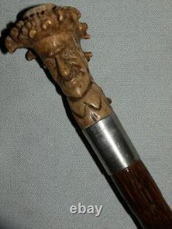 Antique Hallmarked Silver 1903 FATHER TIMES Wood Spirit Carved Folk Art Cane