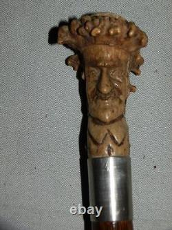 Antique Hallmarked Silver 1903 FATHER TIMES Wood Spirit Carved Folk Art Cane