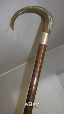 Antique Hallmarked Silver Carved Crook Top Walking Stick 92cm