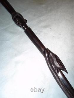 Antique Hand-Carved African Ebony Tribal Walking Stick. Bird in Snakes Mouth