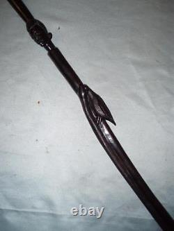 Antique Hand-Carved African Ebony Tribal Walking Stick. Bird in Snakes Mouth