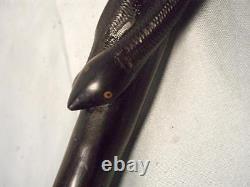 Antique Hand-Carved African Ebony Tribal Walking Stick. Bird in Snakes Mouth