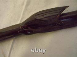 Antique Hand-Carved African Ebony Tribal Walking Stick. Bird in Snakes Mouth