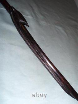 Antique Hand-Carved African Ebony Tribal Walking Stick. Bird in Snakes Mouth