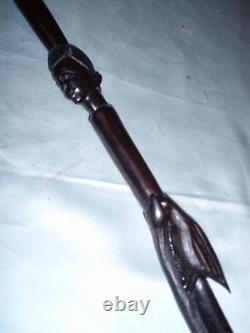 Antique Hand-Carved African Ebony Tribal Walking Stick. Bird in Snakes Mouth