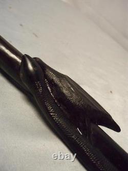 Antique Hand-Carved African Ebony Tribal Walking Stick. Bird in Snakes Mouth