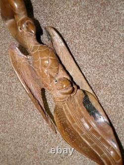 Antique Hand Carved African Tribal Eagle Clutching Snake Weighted Walking Stick