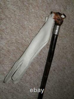 Antique Hand Carved Airedale Dog Glove Holder Walking Stick With H. M Silver-1918