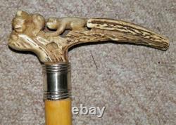 Antique Hand-Carved Antler 3 Wise Monkeys Walking Stick/Cane- Continental Silver