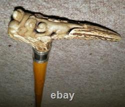 Antique Hand-Carved Antler 3 Wise Monkeys Walking Stick/Cane- Continental Silver