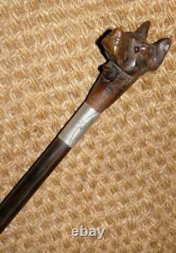 Antique Hand-Carved Articulated Alsatian Head Walking Stick -HM Silver 1916