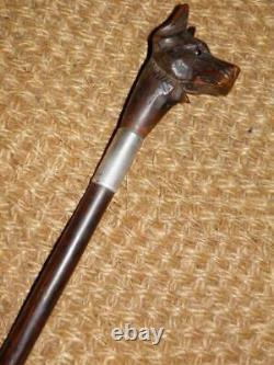 Antique Hand-Carved Articulated Alsatian Head Walking Stick -HM Silver 1916