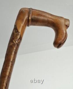 Antique Hand Carved Ash Walking Stick In Shape Of Boot Shoe Scottish Cane 94cm L