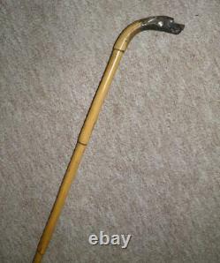 Antique Hand-Carved Bamboo Hound With Silver Features Top Walking Stick/Cane