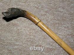 Antique Hand-Carved Bamboo Hound With Silver Features Top Walking Stick/Cane
