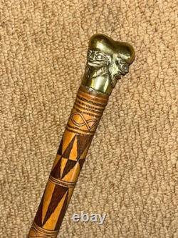 Antique Hand-Carved Bamboo Walking Stick / Cane Brass 3 Bearded Faces Head Top
