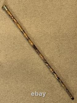 Antique Hand-Carved Bamboo Walking Stick / Cane Brass 3 Bearded Faces Head Top
