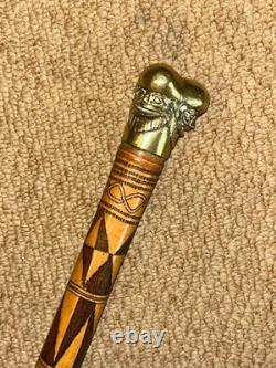 Antique Hand-Carved Bamboo Walking Stick / Cane Brass 3 Bearded Faces Head Top