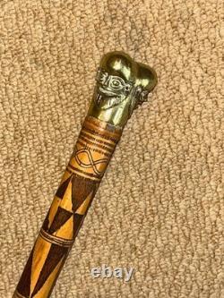 Antique Hand-Carved Bamboo Walking Stick / Cane Brass 3 Bearded Faces Head Top