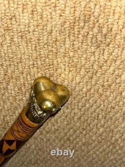 Antique Hand-Carved Bamboo Walking Stick / Cane Brass 3 Bearded Faces Head Top