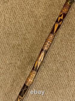 Antique Hand-Carved Bamboo Walking Stick / Cane Brass 3 Bearded Faces Head Top