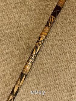 Antique Hand-Carved Bamboo Walking Stick / Cane Brass 3 Bearded Faces Head Top