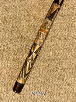 Antique Hand-Carved Bamboo Walking Stick / Cane Brass 3 Bearded Faces Head Top